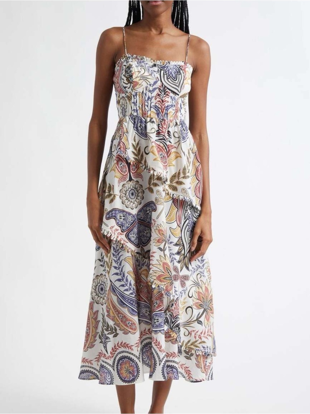 FARM Rio White Paisley Floral Maxi Dress with Blue, Pink and Gold Print